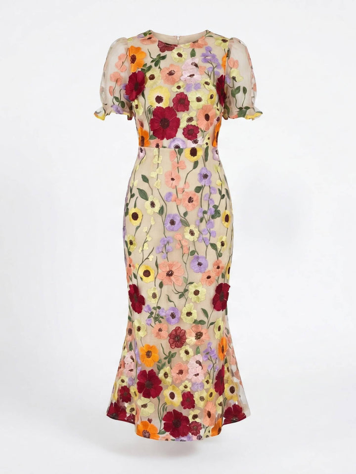 Beautiful summer floral applique midi dress for women, perfect for garden parties & special occasions.