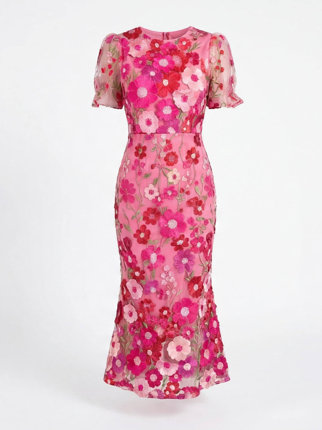 Graceful women's floral applique party midi dress with a flared skirt, suitable for elegant events.