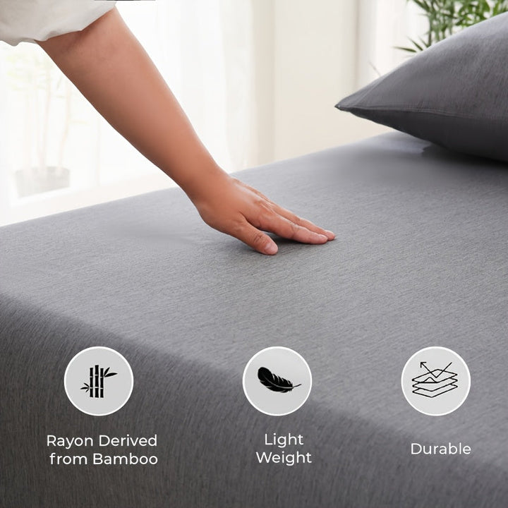 Moisture-wicking bamboo fiber fitted sheet, keeps you dry & cool for restful sleep.
