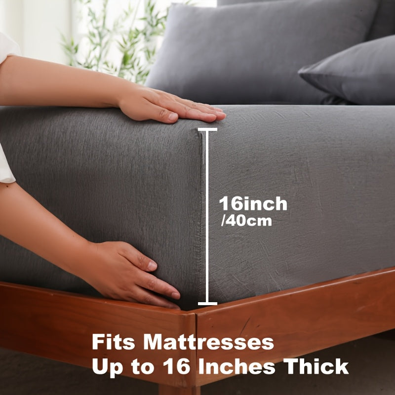Smooth textured cooling bamboo fiber fitted sheet, enhances any bedroom decor.