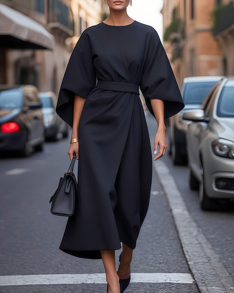 Chic women's summer midi dress with flattering waist & elegant puff sleeves. Perfect for spring & casual occasions.