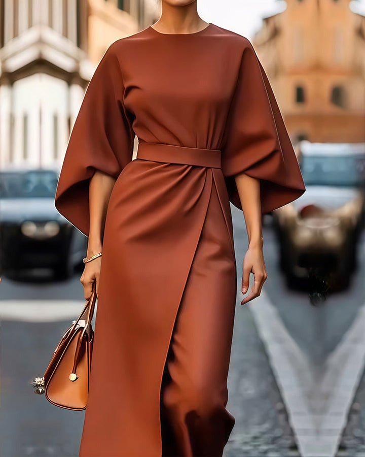 Versatile women's midi dress with chic puff sleeves & flattering waist. Ideal for elegant occasions, spring & autumn.