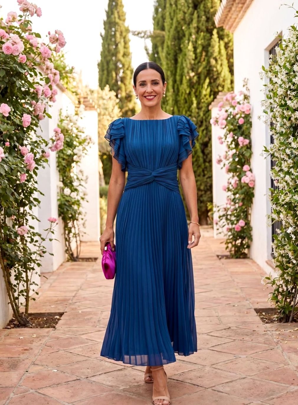 Elegant pink pleated midi dress for women featuring delicate flutter sleeves, ideal for cocktail parties & races.