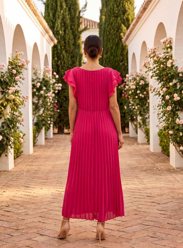 Women's formal green pleated midi dress with charming flutter sleeves, great for daytime events & wedding guests.