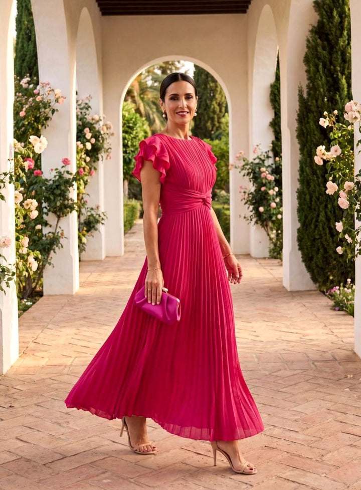 Chic women's pleated flutter sleeve midi dress, an elegant choice for cocktail, formal, or special occasions.