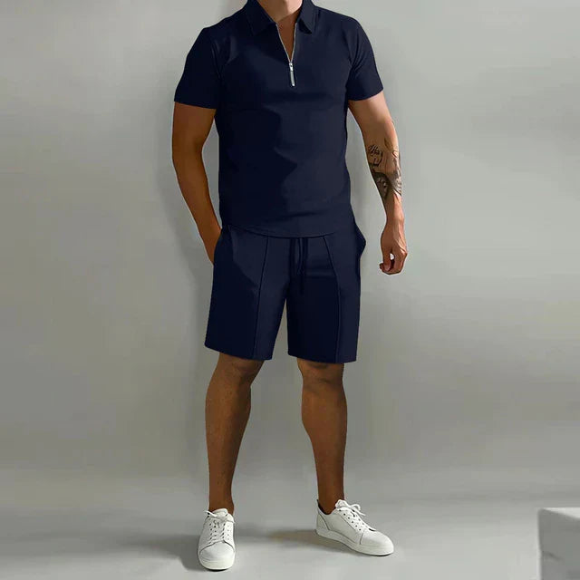 Premium men's summer polo and shorts set, a comfortable and stylish two-piece outfit for resort fashion.
