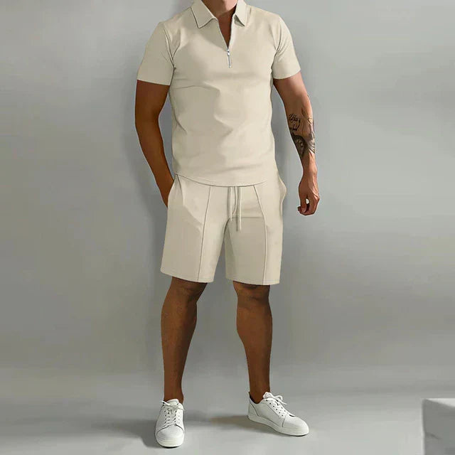 Men's vacation outfit: luxury summer polo shirt and shorts set for stylish travel and men's casual wear.