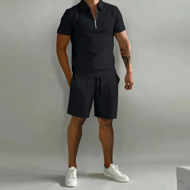 Men's complete summer look: a luxury two-piece polo & shorts outfit for effortless style and comfort.