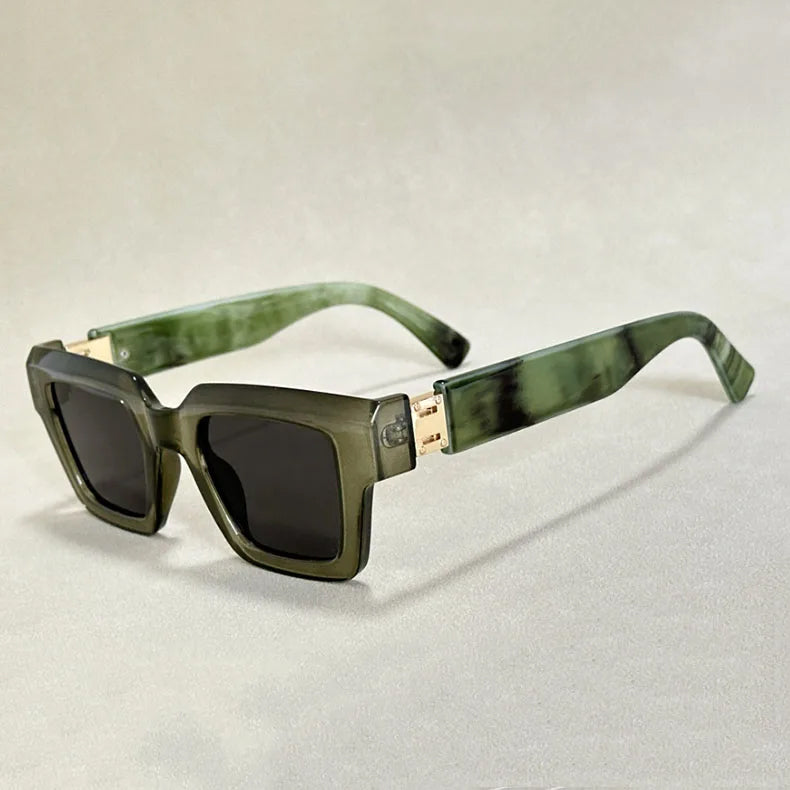 Chunky square sunglasses; unisex retro eyewear with elegant marble pattern arms; bold fashion.