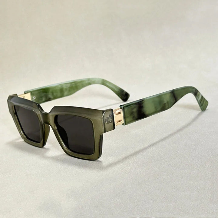 Chunky square sunglasses; unisex retro eyewear with elegant marble pattern arms; bold fashion.
