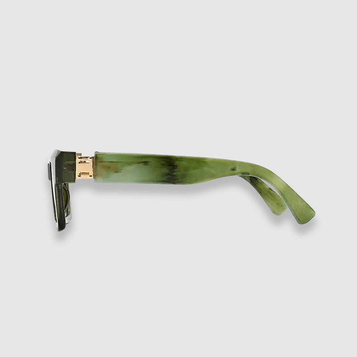Retro square frame sunglasses with a chunky feel and distinctive marble temple arms; timeless style.