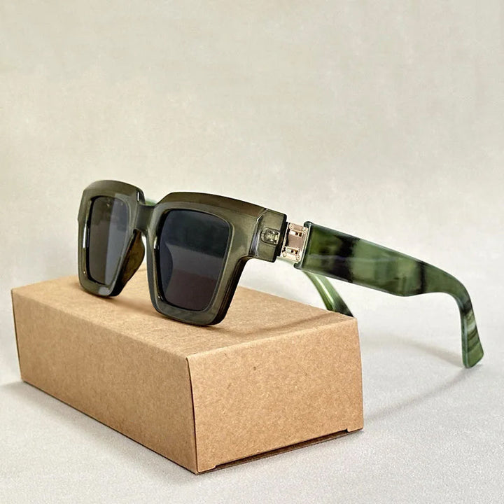 Unisex retro chunky square sunglasses with unique marble arms; stylish eyewear accessory.