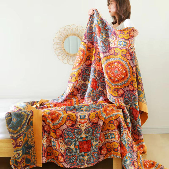 Soft cotton boho reversible blanket with cooling properties, ideal for summer comfort and home decor. Moisture-wicking.