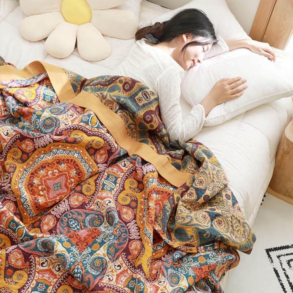 Boho reversible cotton blanket for ultimate summer comfort. Cooling and lightweight, perfect for any home decor.