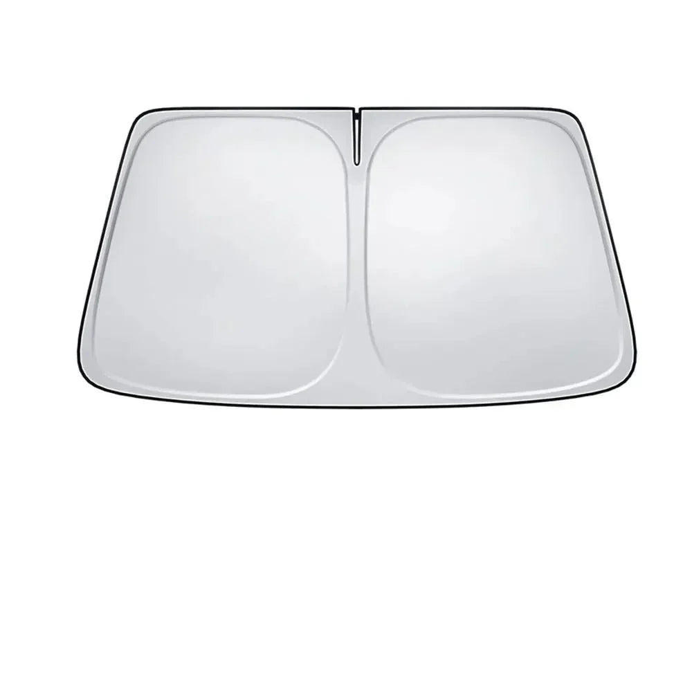 Foldable vehicle windshield sunshade providing summer heat & UV protection for car interior & dashboard.