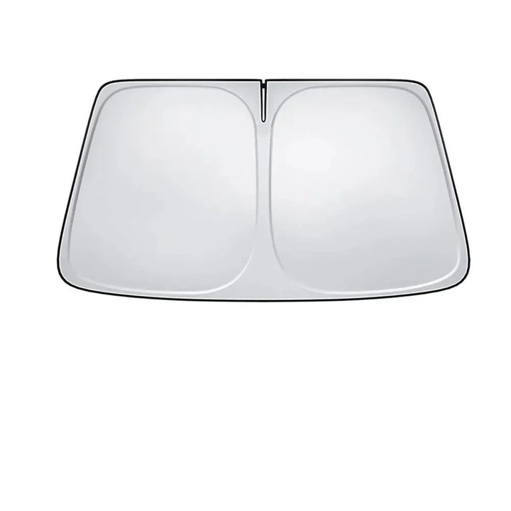 Foldable vehicle windshield sunshade providing summer heat & UV protection for car interior & dashboard.