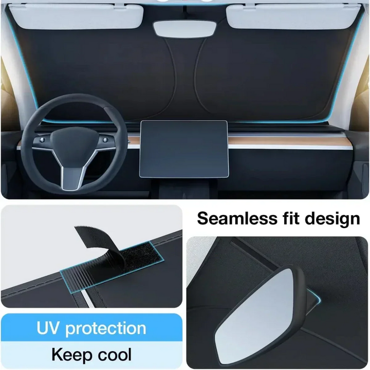 Reflective vehicle sunshade unfolded on a car windshield, preventing heat buildup & UV damage inside.