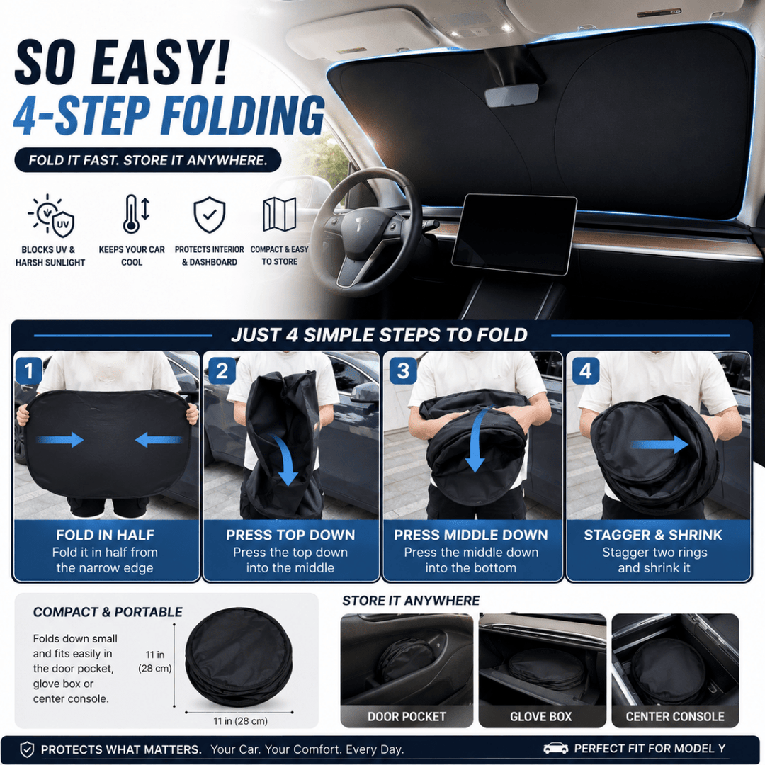 Premium vehicle windshield sunshade for superior summer heat protection, UV block, and cooler car interior.