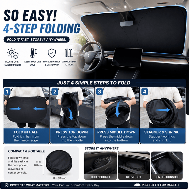 Premium vehicle windshield sunshade for superior summer heat protection, UV block, and cooler car interior.