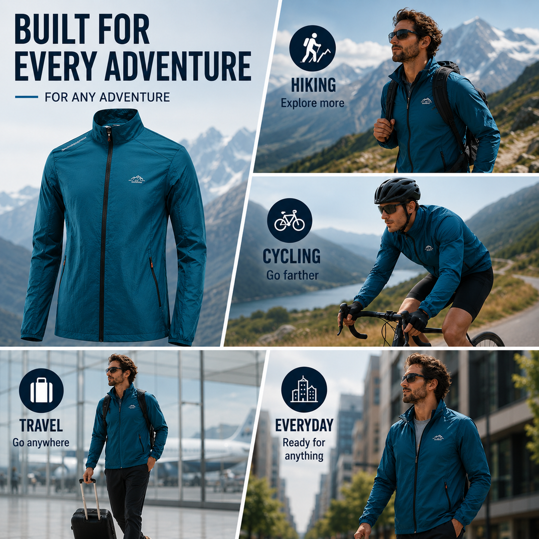 Stylish men's lightweight windbreaker jacket, UV protection & zippered pockets, perfect for everyday active wear.