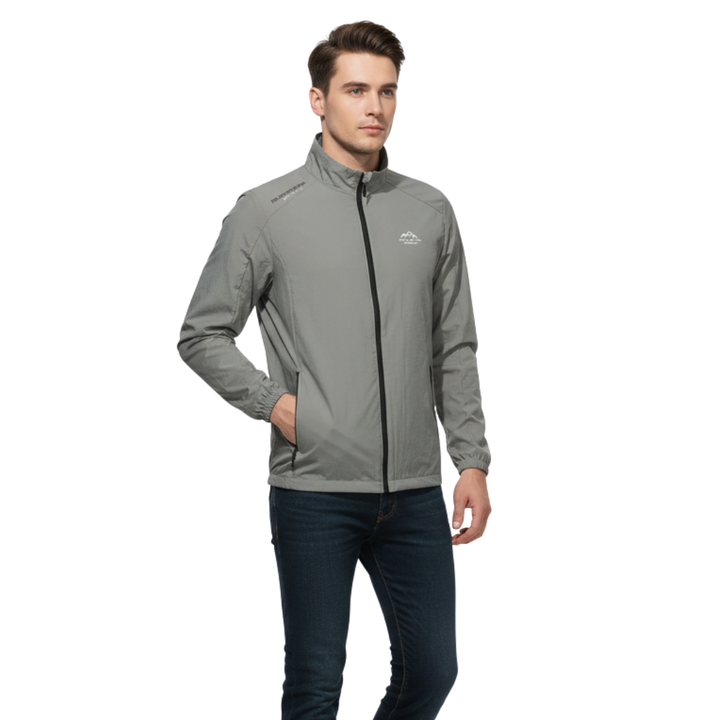 Men's athletic windbreaker jacket with UV protection, perfect lightweight outerwear for hiking & active sports.