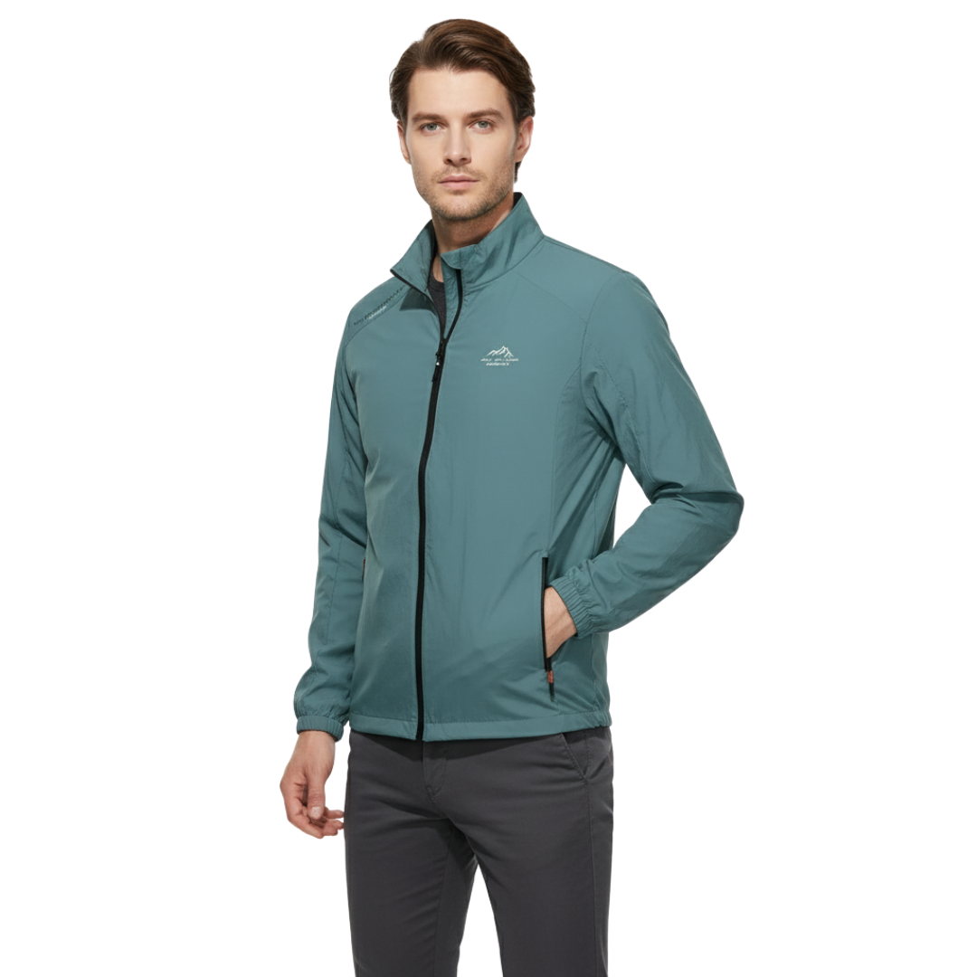 Lightweight men's spring jacket, active windbreaker with UV protection, great for outdoor adventures & athletic wear.