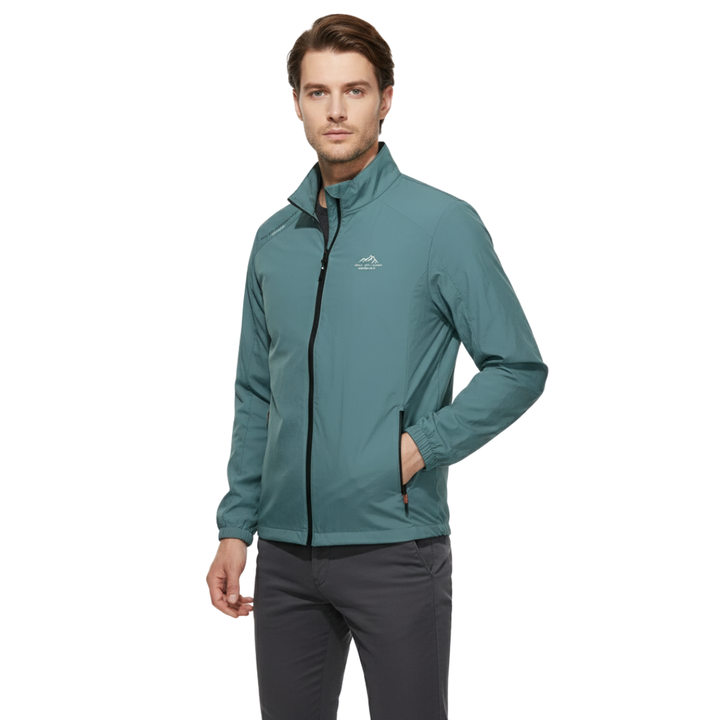 Lightweight men's spring jacket, active windbreaker with UV protection, great for outdoor adventures & athletic wear.