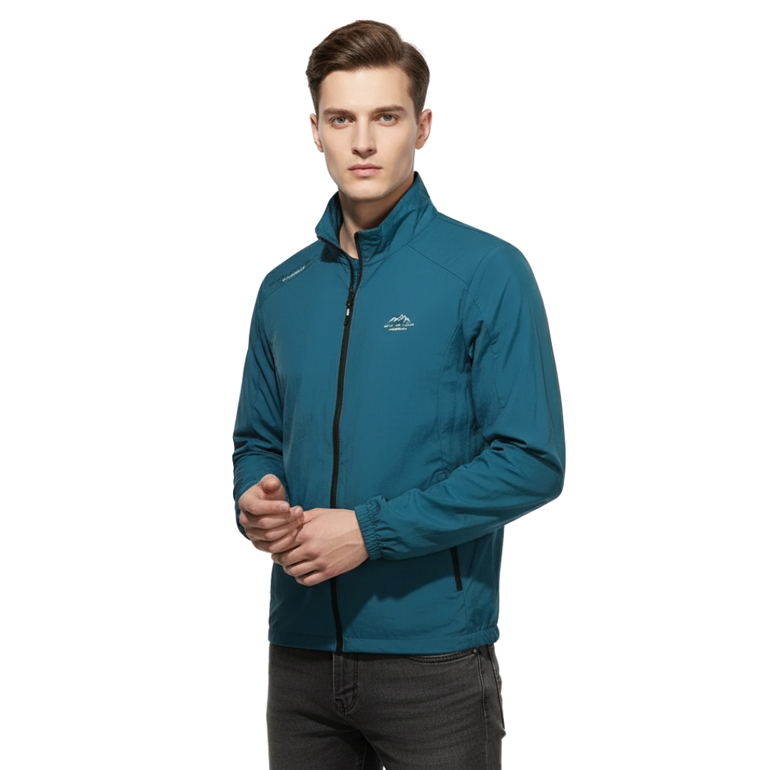 Active men's lightweight windbreaker jacket featuring UV protection & zippered pockets, ideal for outdoor sports.