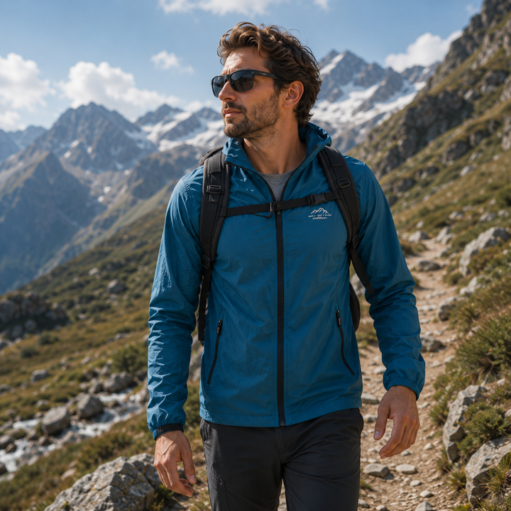 Men's outdoor windbreaker jacket, lightweight & UV protective, suitable for running, hiking, and athletic pursuits.