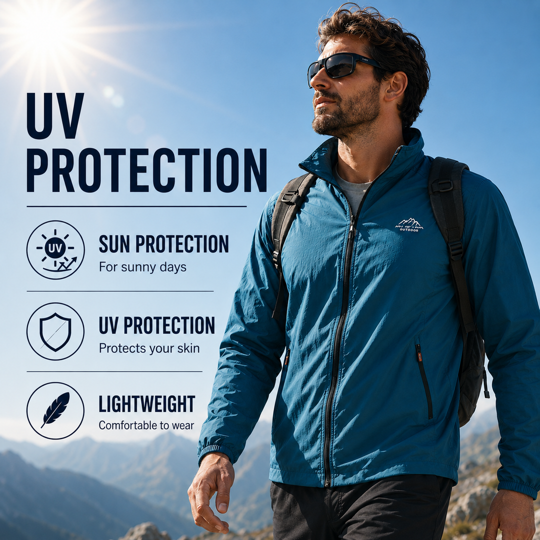 Durable men's lightweight windbreaker, active jacket with UV protection, perfect for spring/summer outerwear.