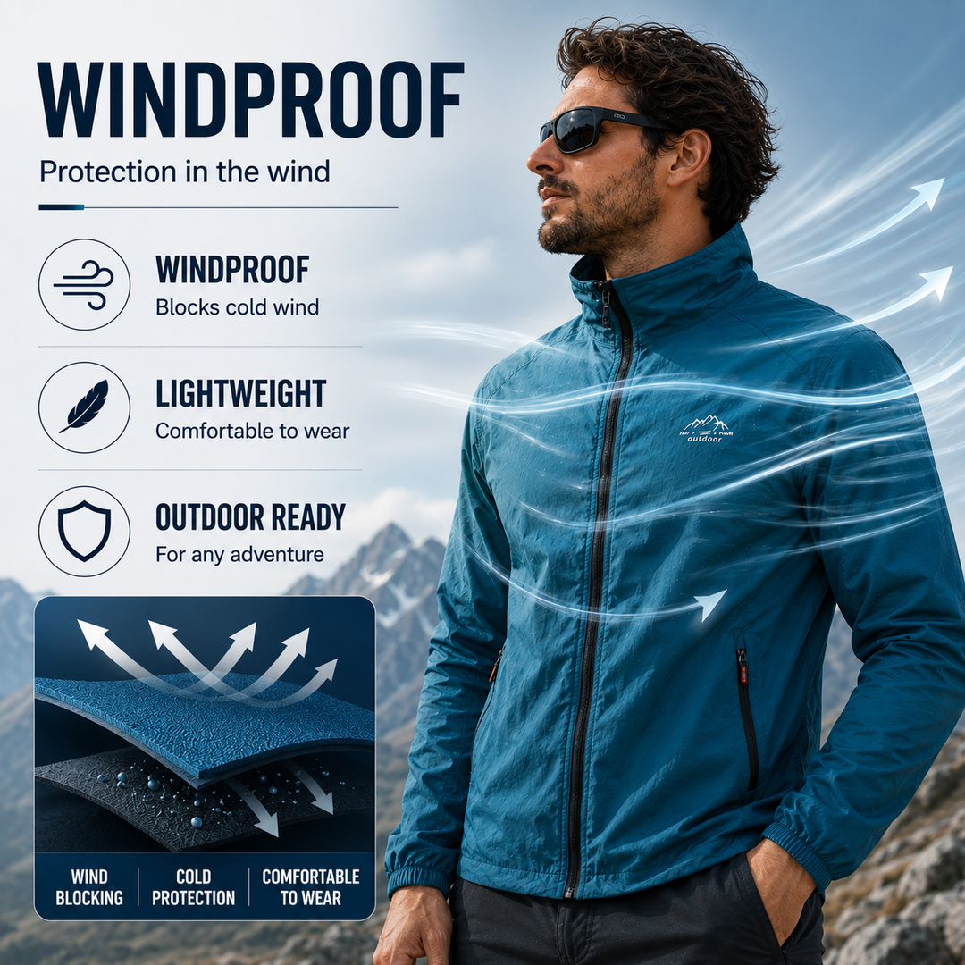 Men's athletic fit windbreaker, UV protective lightweight jacket, essential for active men's outdoor adventures.