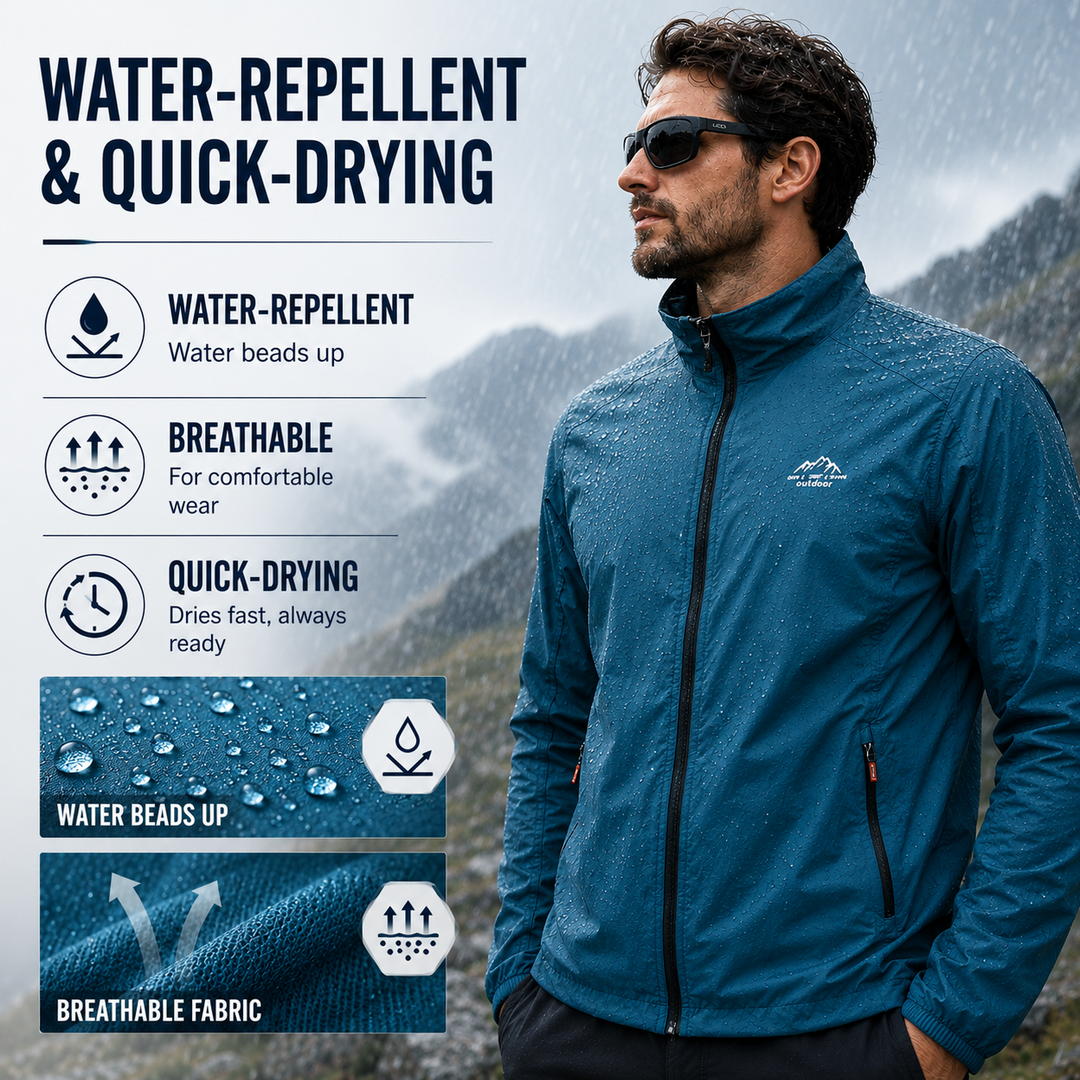 Breathable men's lightweight windbreaker jacket with UV protection, ideal activewear for hiking and outdoor sports.