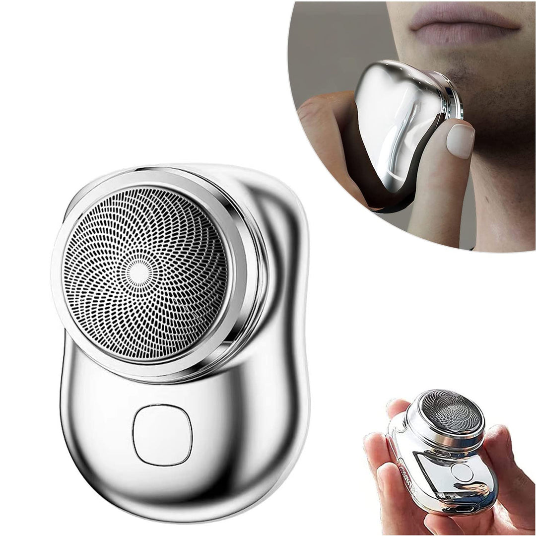Man using a cordless electric rotary shaver for quick, smooth facial hair removal. Essential men's grooming.