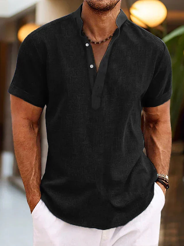 Comfortable men's short sleeve henley top, a soft choice for summer and relaxed wear.