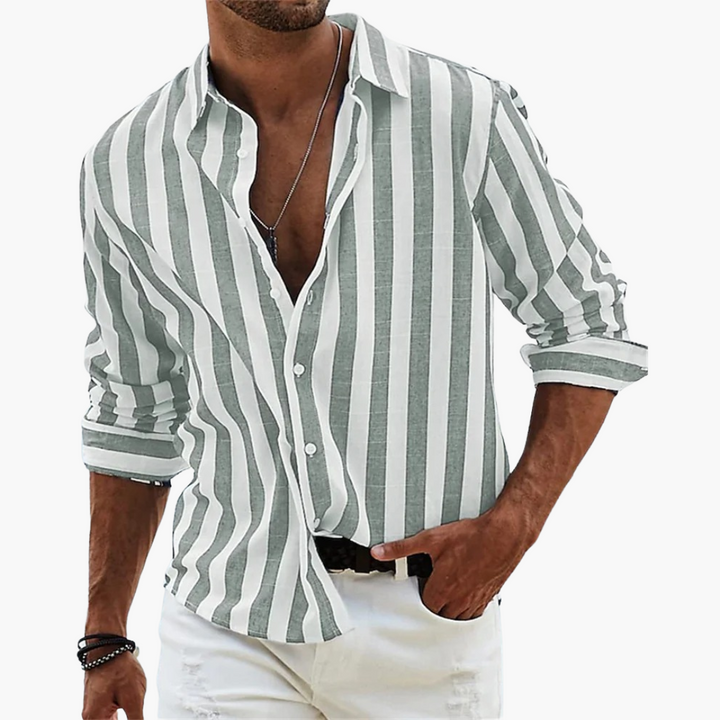 Classic men's striped button-down shirt, long sleeve, ideal for a smart casual look or everyday versatile fashion.