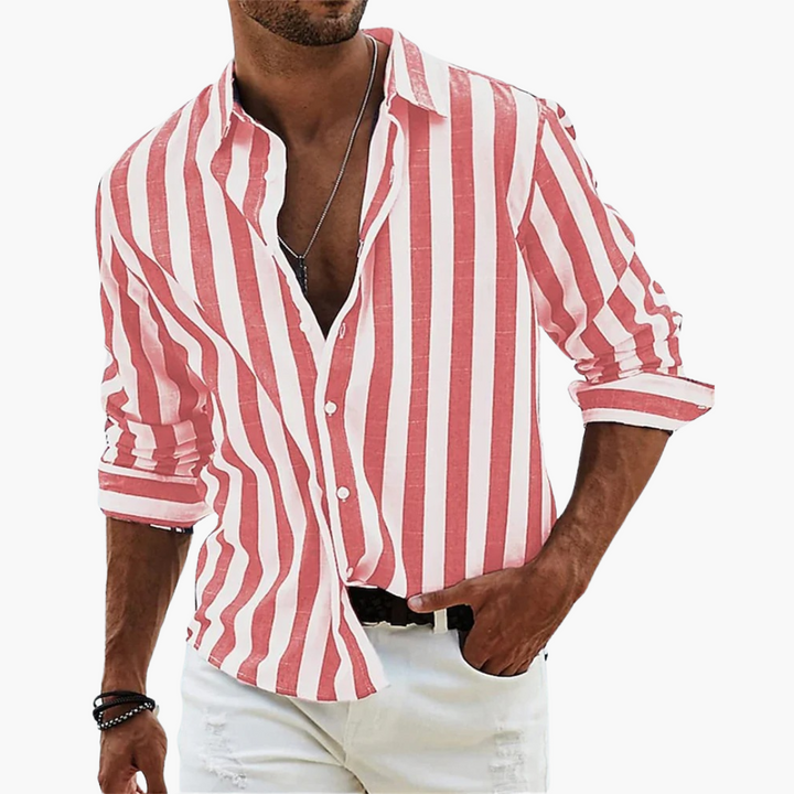 Effortlessly stylish men's long-sleeve collared striped shirt, a versatile button-down for modern men's fashion.