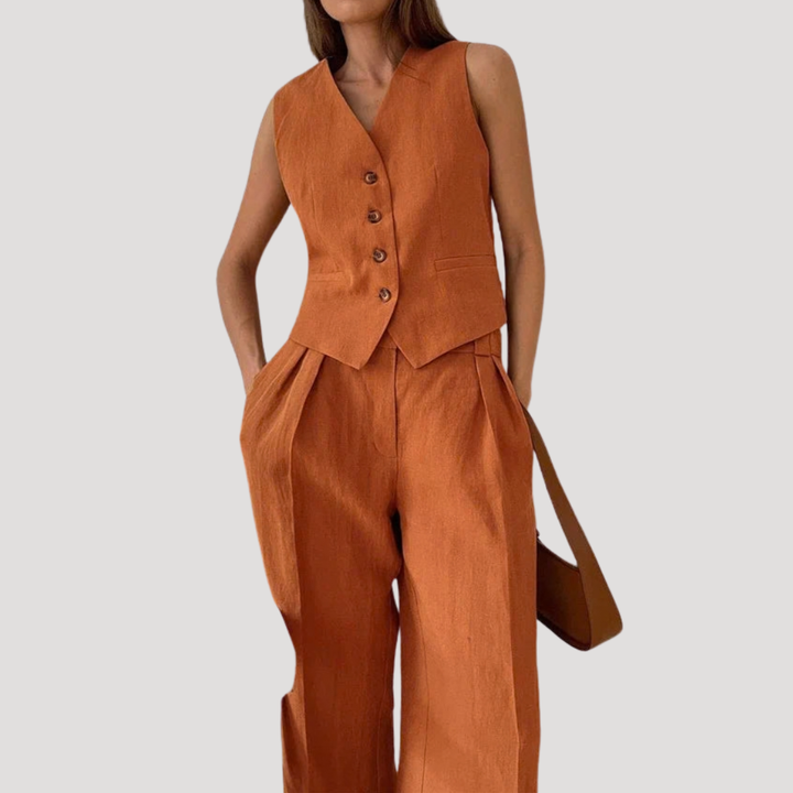 Elegant business casual two-piece outfit featuring a tailored vest and wide leg pants for women.