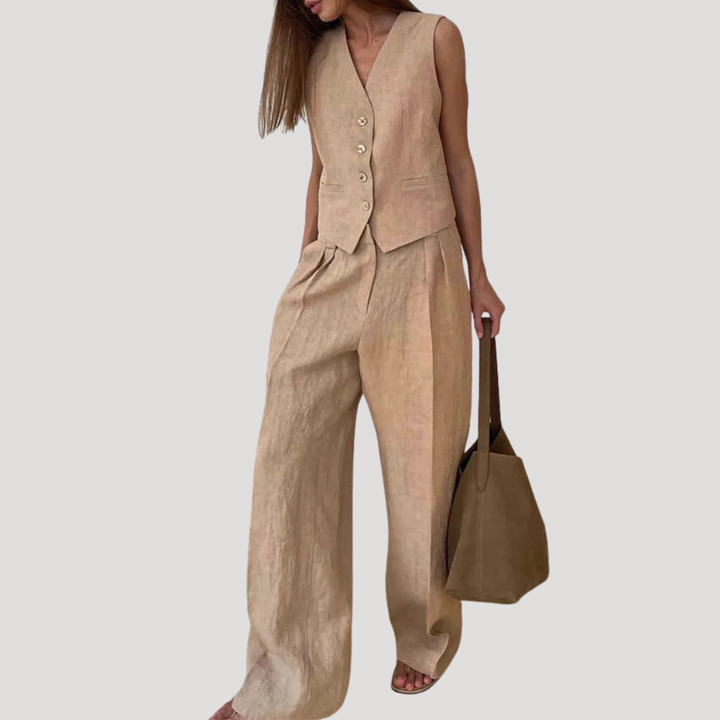 Trendy women's two-piece set featuring a chic tailored vest and flattering wide-leg pants.