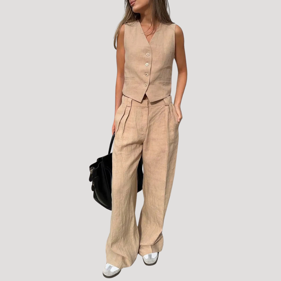 Women's tailored vest and wide-leg pants set, a stylish and comfortable two-piece outfit.