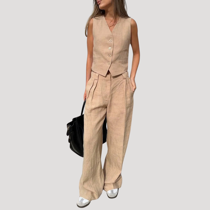 Women's tailored vest and wide-leg pants set, a stylish and comfortable two-piece outfit.