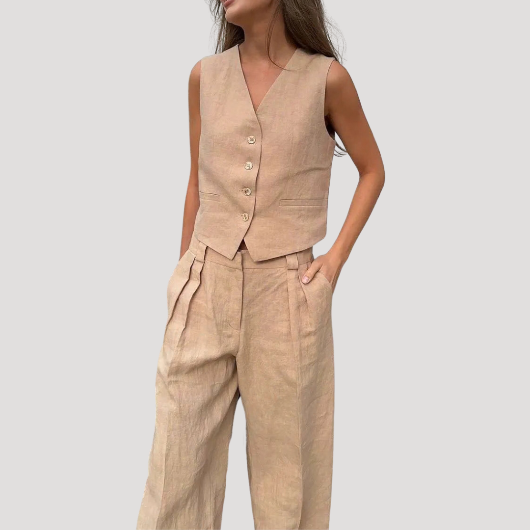 Chic women's tailored vest & wide-leg pants co-ord, ideal for elegant business casual summer fashion.