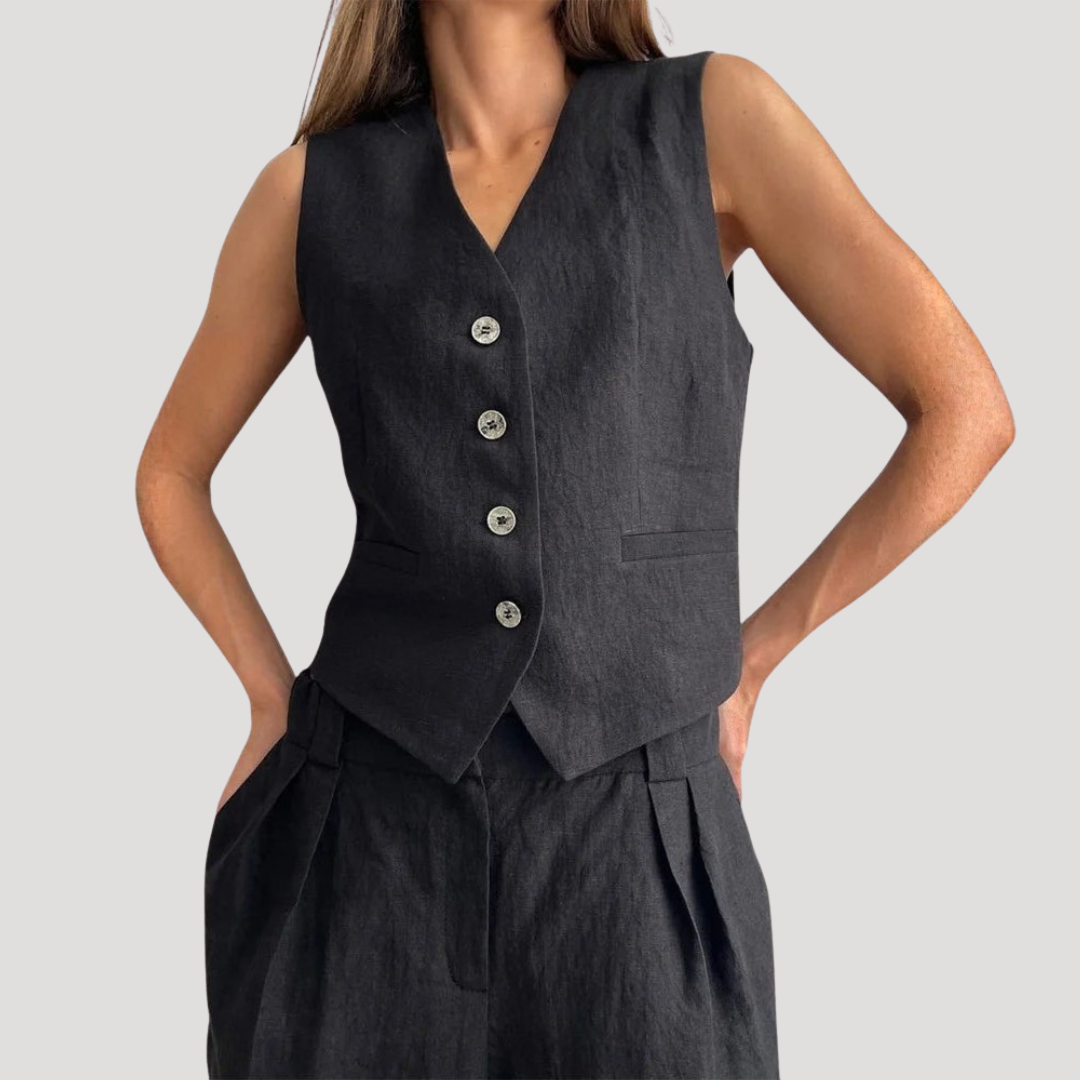 Stylish women's tailored vest paired with wide-leg pants for a sophisticated two-piece outfit.