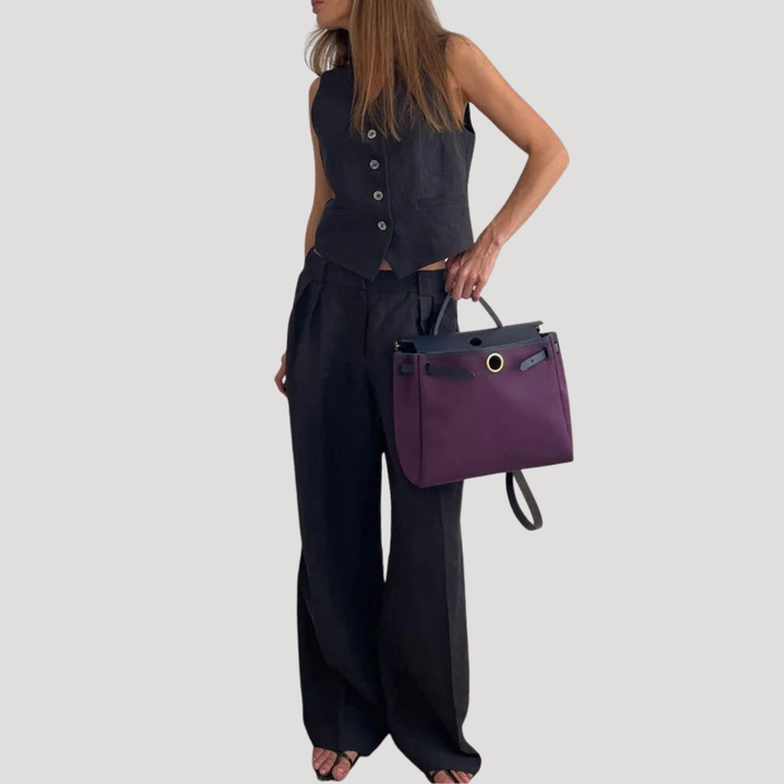 Elegant women's summer fashion tailored vest & wide-leg pants set, perfect for a chic look.