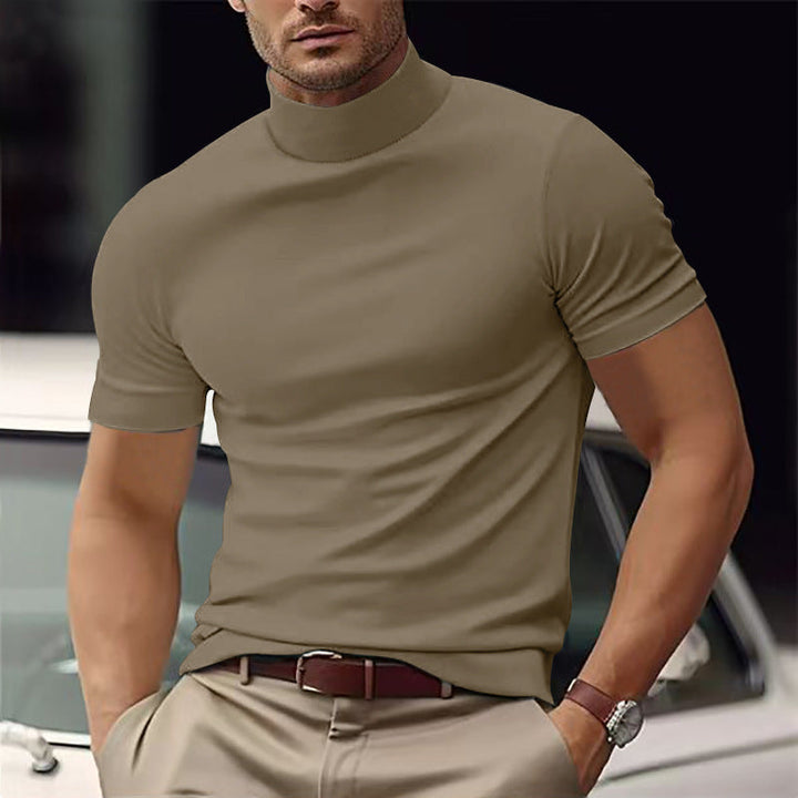 Versatile men's slim fit mock neck short sleeve shirt, ideal for sophisticated summer fashion.