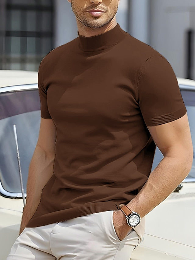 Men's sophisticated mock neck short sleeve shirt, offering a sleek, comfortable slim fit.