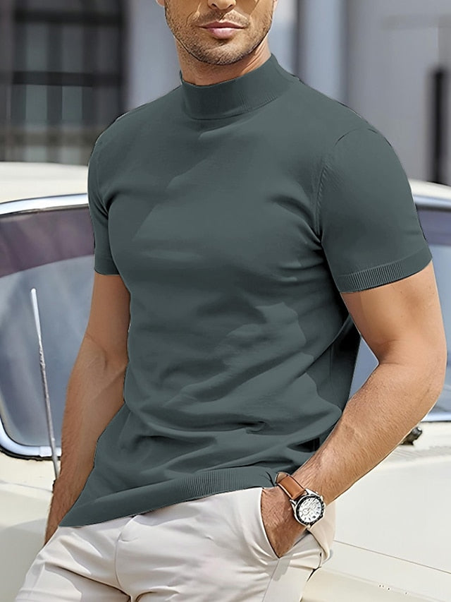 Casual men's short sleeve mock neck shirt with a sleek slim fit, perfect for everyday modern style.