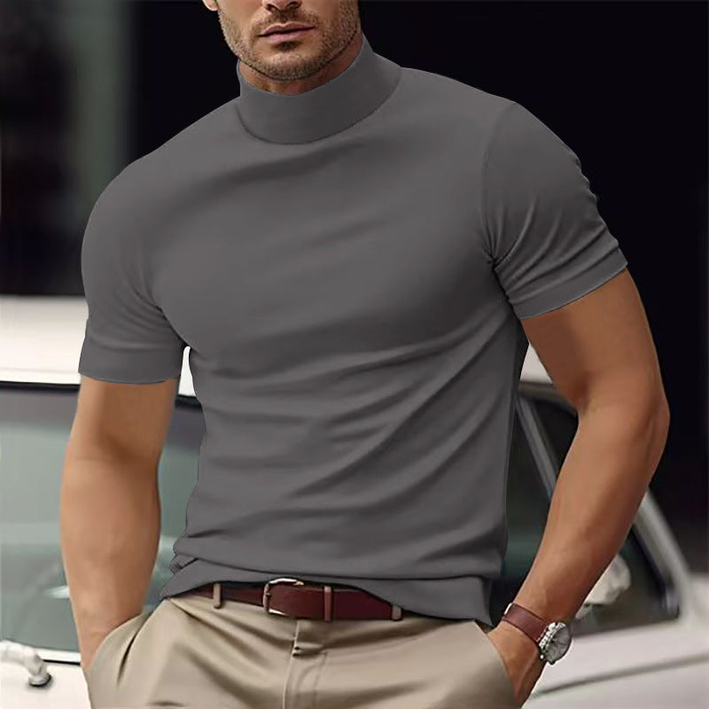 Stylish men's mock neck short sleeve slim fit shirt, a sleek and versatile top for contemporary menswear.