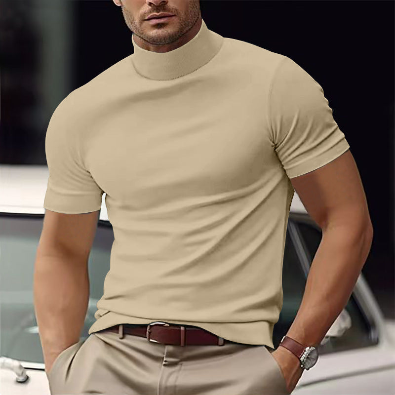 Sleek men's short sleeve mock neck top, slim fit and sophisticated for versatile summer fashion.
