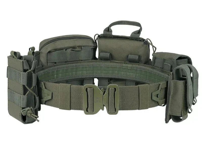 Men's tactical combat belt with multiple Molle pouches, durable outdoor gear for military & outdoor use.