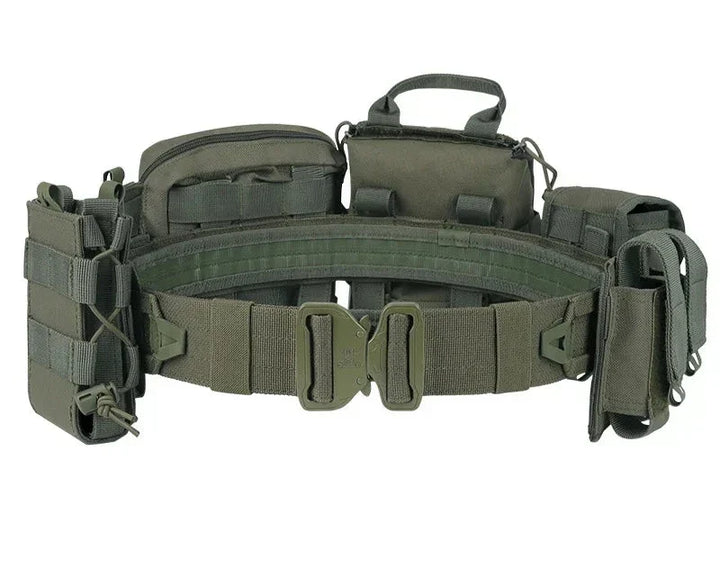 Men's tactical combat belt with multiple Molle pouches, durable outdoor gear for military & outdoor use.
